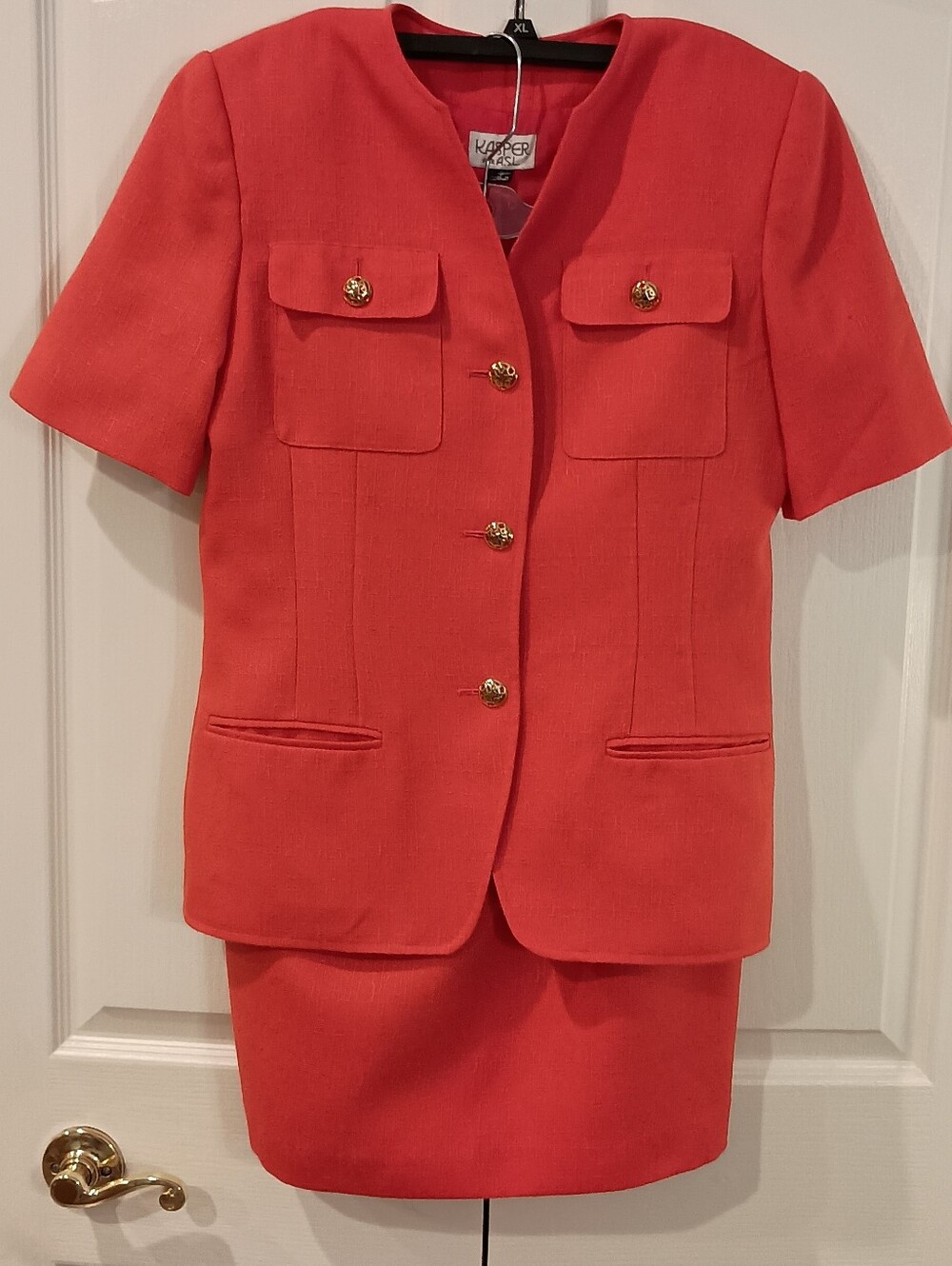 Kasper Coral-orange Short Sleeve Tailored Blazer And Skirt Set - Picture 2 of 7